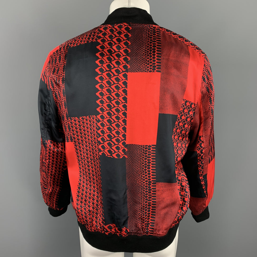 ROBERTO CAVALLI Pre-Fall 2018 Size 40 Black & Red Print Viscose Zip Up Jacket