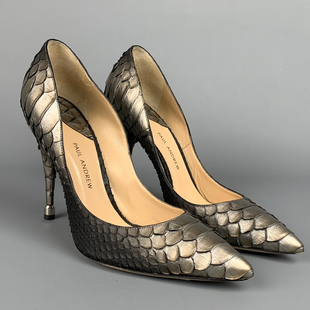 PAUL ANDREW Size 8 Silver & Grey Ombre Python Skin Pumps