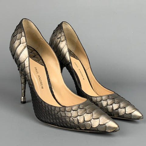 PAUL ANDREW Zapatos de tacón de piel de pitón con degradado plateado y gris talla 8