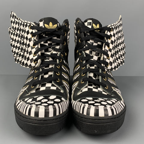 JEREMY SCOTT x ADIDAS Size 12 Black White Geometric Leather High Top Wings Opart Sneakers
