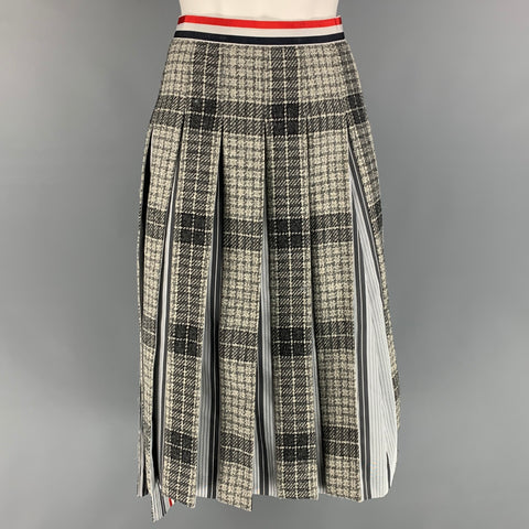 THOM BROWNE Talla 4 Falda plisada a media pierna de lana a cuadros gris