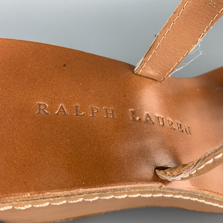 RALPH LAUREN Taille 9,5 Sandales compensées à plateforme en cuir beige avec surpiqûres contrastées
