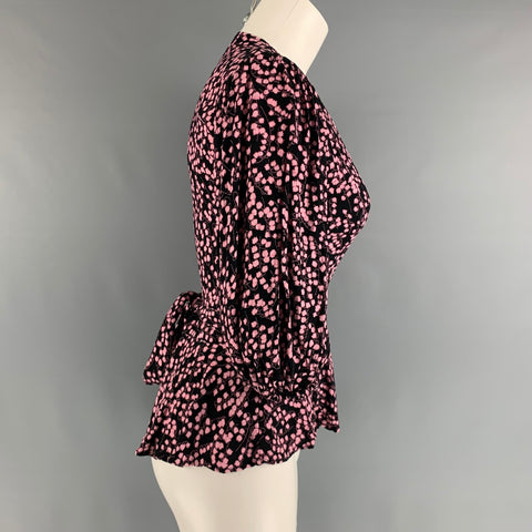 GANNI Size S Black Pink Viscose Floral Wrap Casual Top