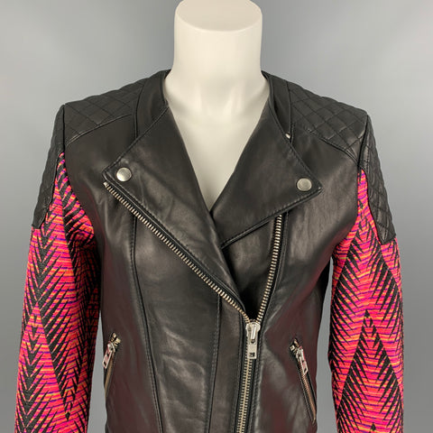 AMERICAN RETRO Kilie Size 2 Black & Fuchsia Boucle Cotton Blend Mixed Fabrics Jacket