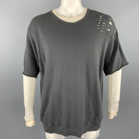 R13 Size L Charcoal & Beige Distressed Cotton Crew-Neck Double Layer Sweatshirt