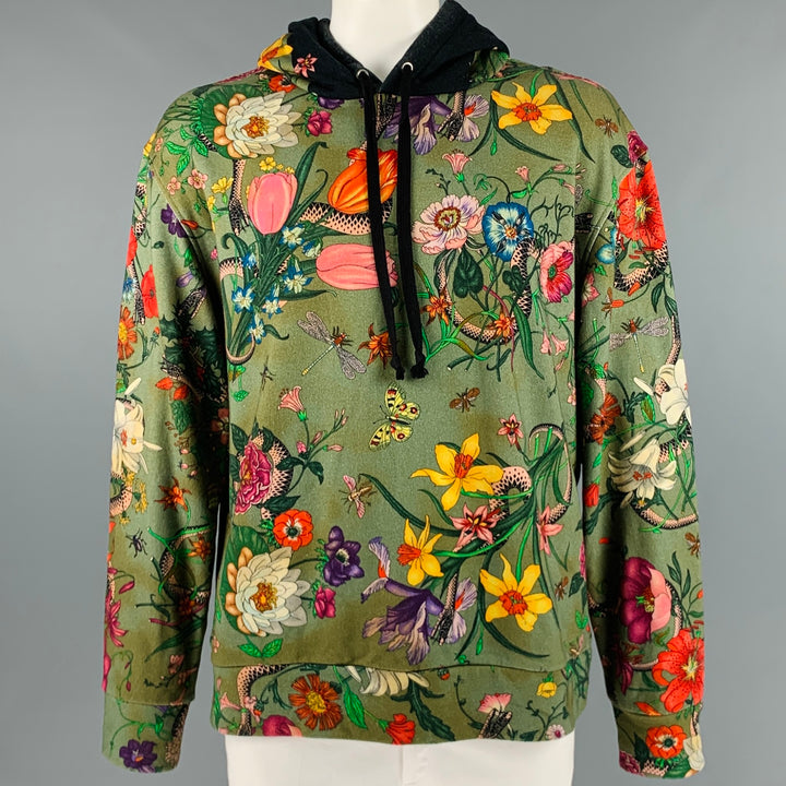 GUCCI Size XXL Green Multi-Color Print Cotton Hoodie Sweatshirt
