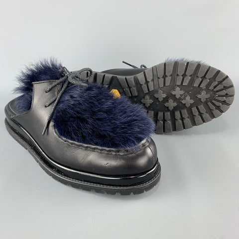 SACAI Black Leather & Blue Fur Slip On Loafer Slides
