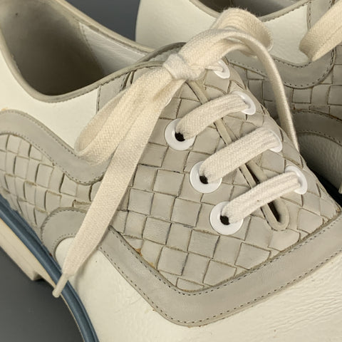 BOTTEGA VENETA Size 12 White & Grey Woven Leather Contrast Trim Lace Up Shoes