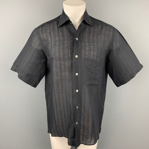 ERMENEGILDO ZEGNA Size M Black Vertical Linen / Cotton Stripe Short Sleeve Shirt