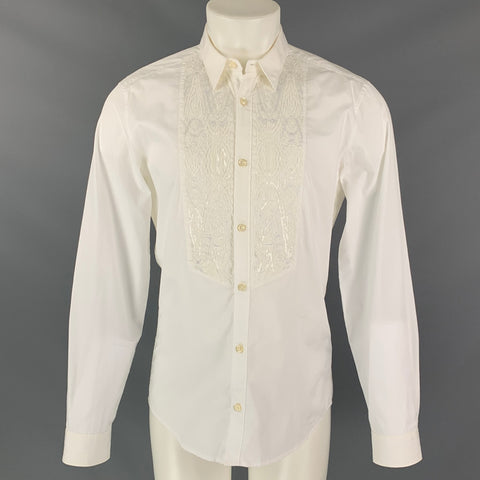 JUST CAVALLI Size S White Beaded Cotton Button Up Long Sleeve Shirt