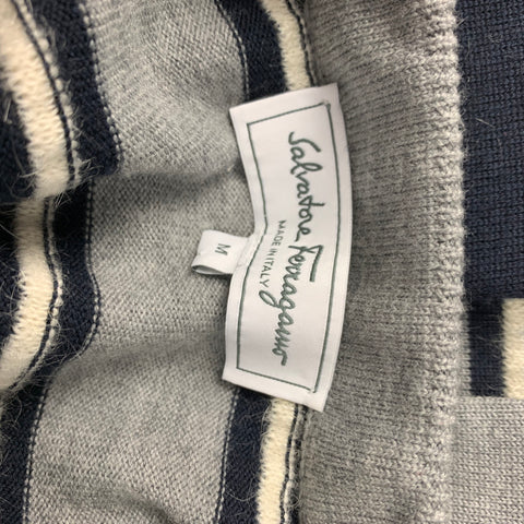 SALVATORE FERRAGAMO Size M Grey & Navy Stripe Wool / Mohair Crew-Neck Pullover