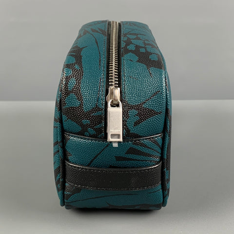 SAINT LAURENT Blue Black Leaves Canvas Toiletry Handbag