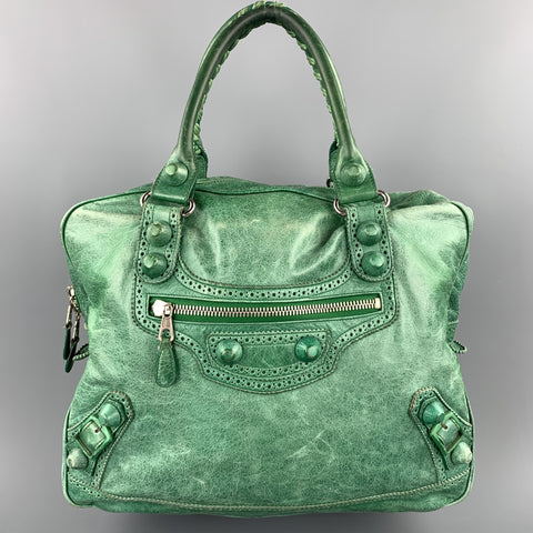 BALENCIAGA Distressed Green Leather Top Handles Handbag