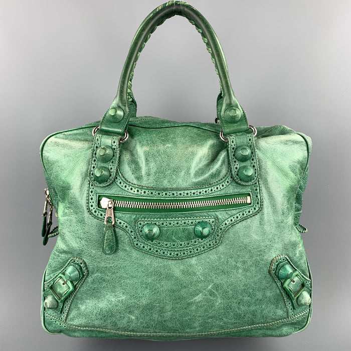 BALENCIAGA Distressed Green Leather Top Handles Handbag