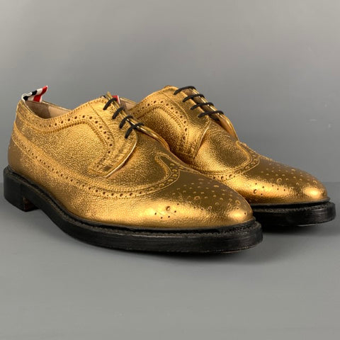 THOM BROWNE Size 10 Gold Perforated Leather Wingtip Lace Up Shoes