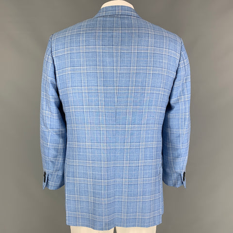 KITON Chest Size 44 Light Blue White Plaid Cashmere Blend Sport Coat