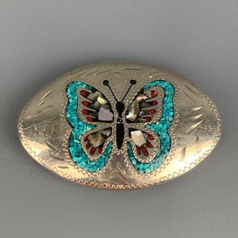 VINTAGE Silver Tone Inlay Metal Belt Buckle