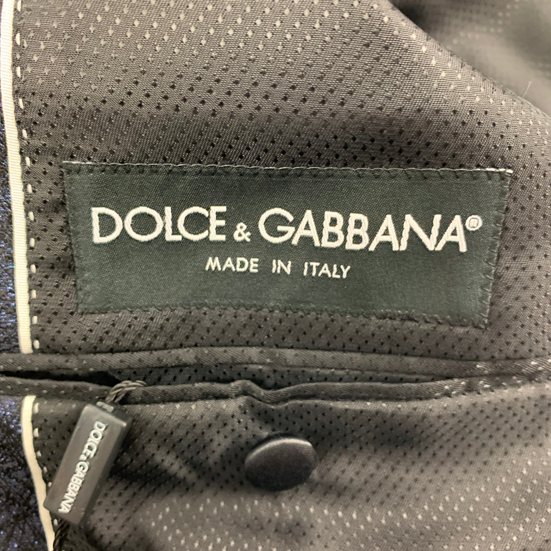 DOLCE & GABBANA Size 38 Regular Dark Blue & Black Sparkle Polyester / Viscose 3 Piece Tuxedo Suit