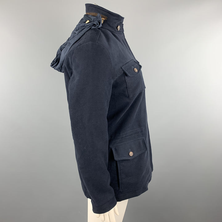 LORO PIANA Size 10 Navy Cotton High Collar Zip Hood Jacket