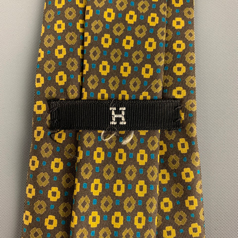 HERMES 116 TA Brown Yellow Floral Tie