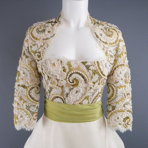 MONIQUE LHUILLIER Size 10 Cream Gold Green Lace Bodice Bolero Gown