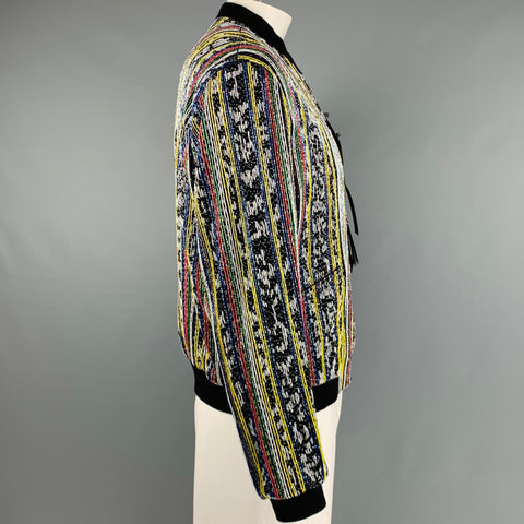 SAINT LAURENT Size 46 Black Multi-Color Beaded Bomber Jacket