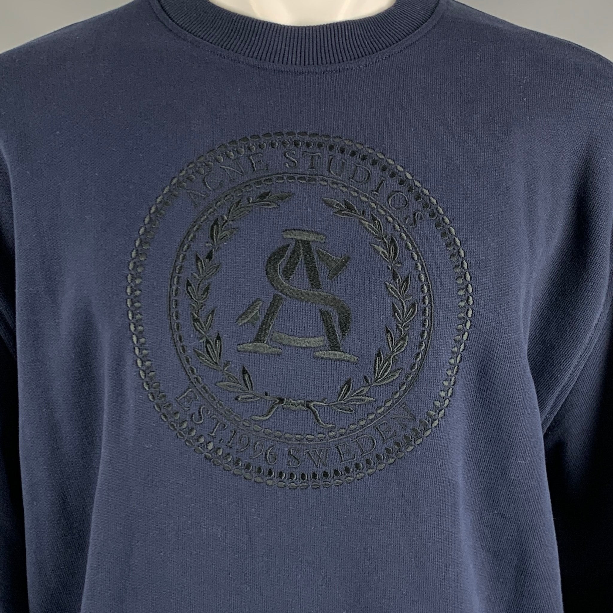 ACNE STUDIOS Size S Navy Embroidery Cotton Crew Neck Sweatshirt Sui Generis Designer Consignment