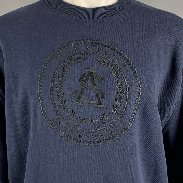 ACNE STUDIOS Size S Navy Embroidery Cotton Crew-Neck Sweatshirt
