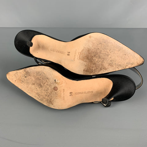 MANOLO BLAHNIK Size 8 Black Satin Solid Ankle Strap Pumps