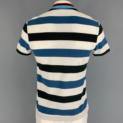 LACOSTE Size L White Blue Black Stripe Cotton Short Sleeve Polo