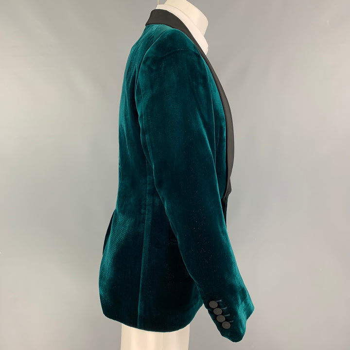 BALLY Talla 38 Abrigo deportivo con cuello chal de seda viscosa de terciopelo negro verde azulado