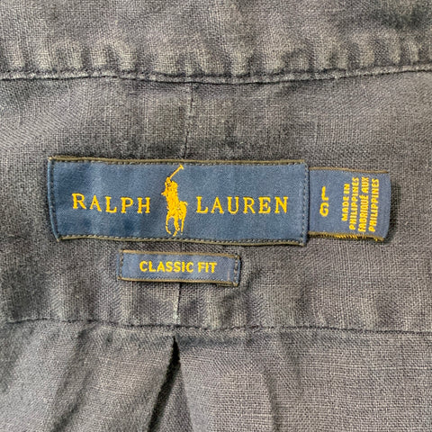 RALPH LAUREN Talla L Camisa de manga corta con botones de lino liso azul marino