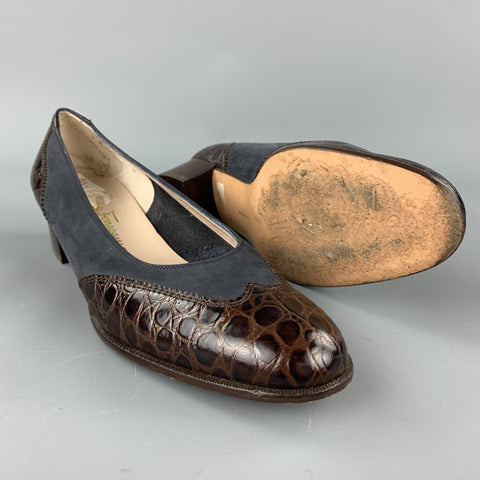 SALVATORE FERRAGAMO Size 10 Brown / Blue Suede Embossed Pumps