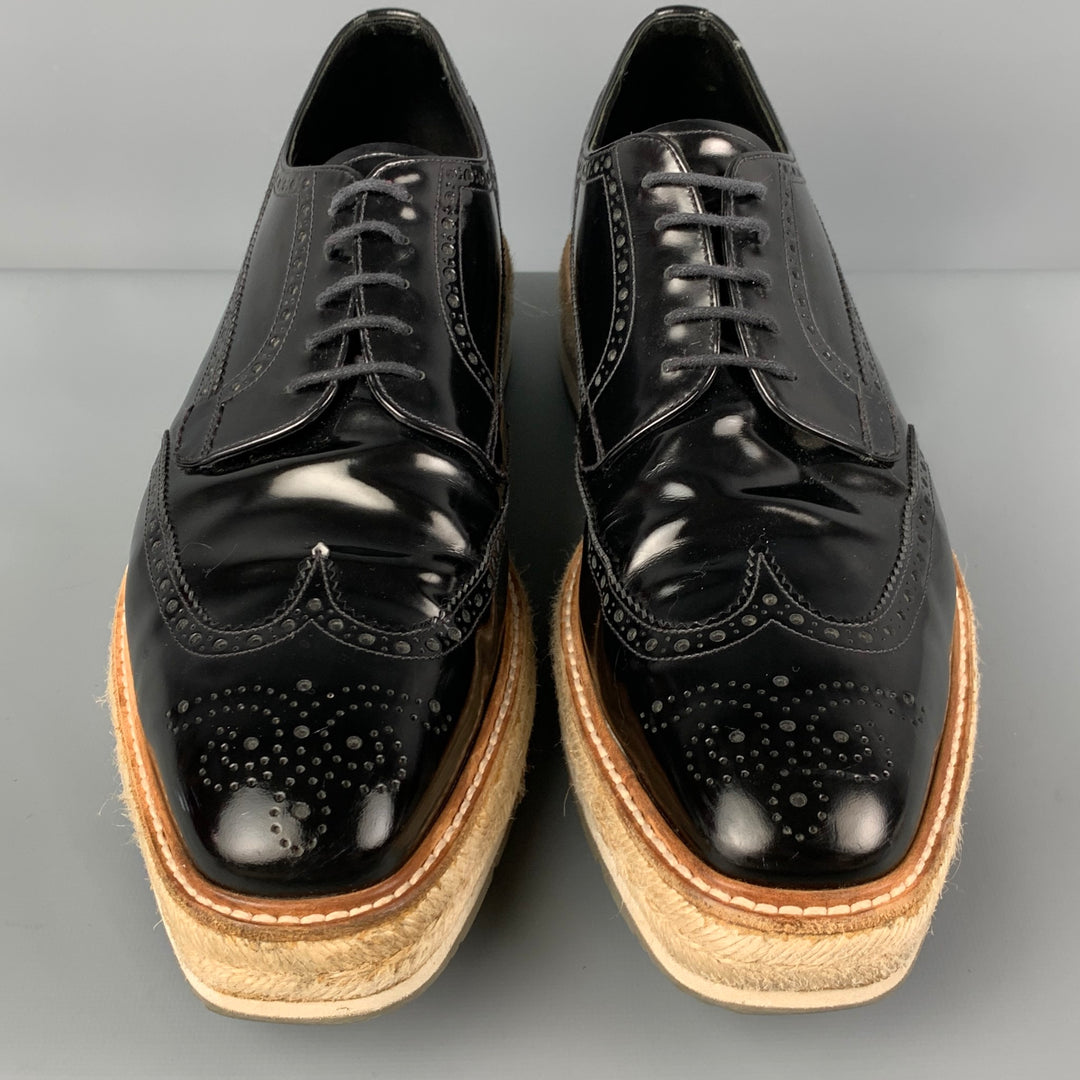 PRADA Size 10.5 Black Perforated Leather Wingtip Lace Up Shoes