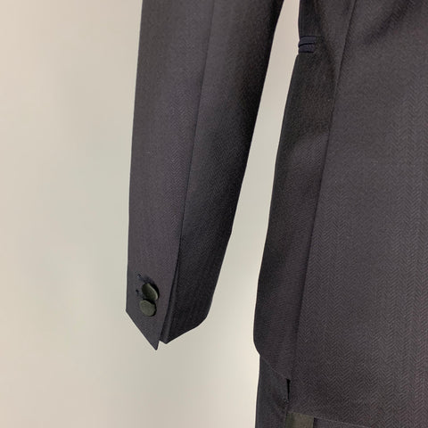 THE KOOPLES Size 36 Navy Herringbone Wool / Mohair Shawl Collar Tuxedo Suit