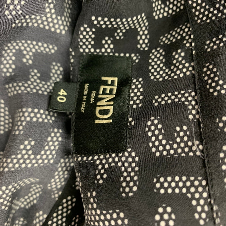 FENDI Size M Black White Logo Silk Button Down Short Sleeve Shirt