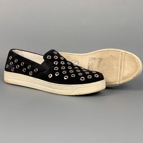 PRADA Sport Size 7.5 Black & Silver Grommet Suede Slip On Sneakers
