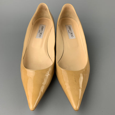 JIMMY CHOO Zapatos de salón con tacón de gatito en charol beige Talla 10