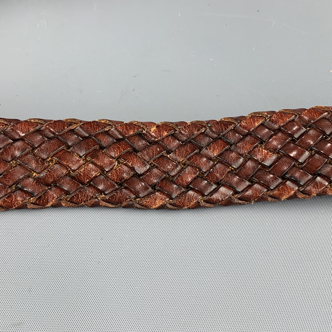 VINTAGE Size 36 Woven Brown Leather Gold Tone Brass Buckle Belt