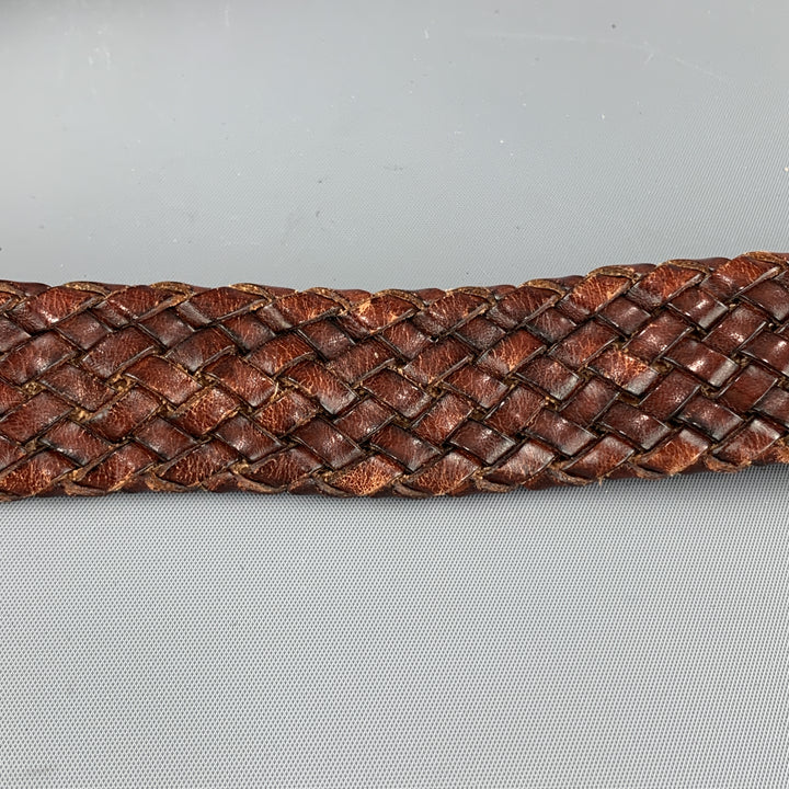 VINTAGE Size 36 Woven Brown Leather Gold Tone Brass Buckle Belt
