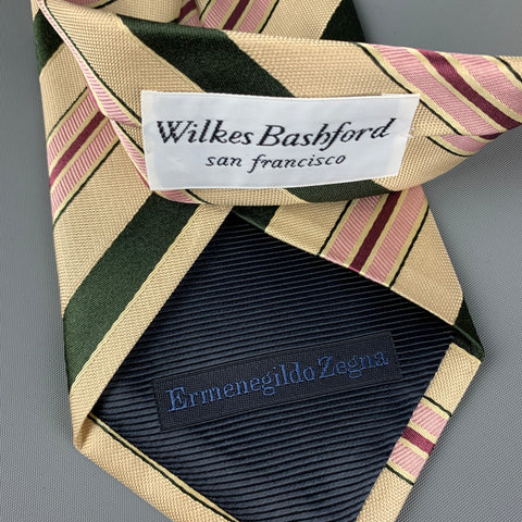 ERMENEGILDO ZEGNA for WILKES BASHFORD Beige Black Pink Diagonal Stripe Silk Tie