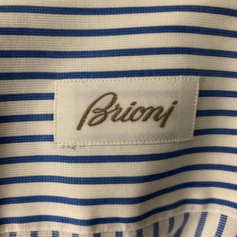 BRIONI Size XL White & Blue Stripe Cotton Button Down Long Sleeve Shirt