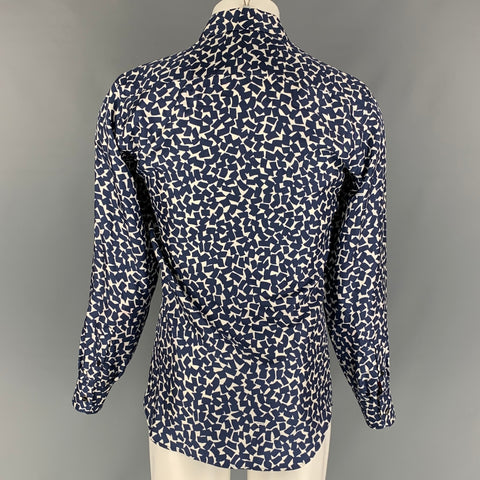 PRADA Size M Navy White Abstract Silk Long Sleeve Shirt