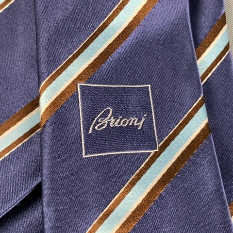 BRIONI Navy Blue Brown Diagonal Stripe Silk Neck Tie