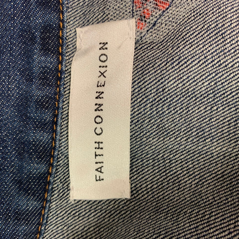 FAITH CONNEXION Size XS Indigo Print Denim Trucker Jacket