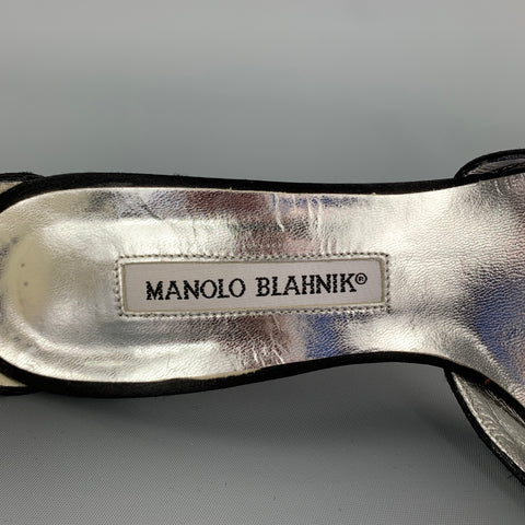 MANOLO BLAHNIK Size 8 Black Satin Silk Rhinestone Ankle Strap Sandals