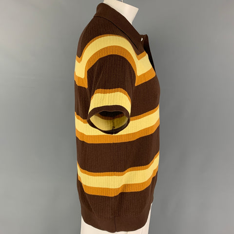 TODD SNYDER Size L Brown Mustard Stripe Silk Cotton Buttoned Polo