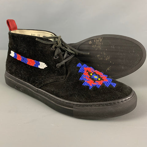 DEL TORO Size 13 Black Red & Blue Beaded Suede Moccasin Boots