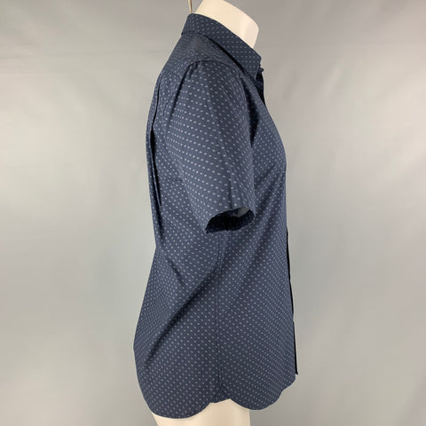VINCE Size S Navy and White Dots Rayon &  Cotton Short Sleeve Shirt