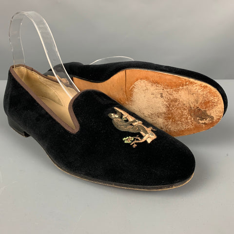 STUBBS & WOOTTON Size 10.5 Black Brown Embroidery Velvet Slip On Loafers